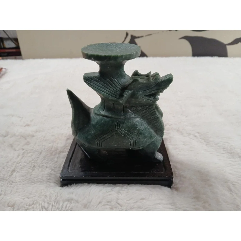 Vintage Chinese Hand-Carved Green Stone Dragon Turtle Candle Holder /‎ Incens